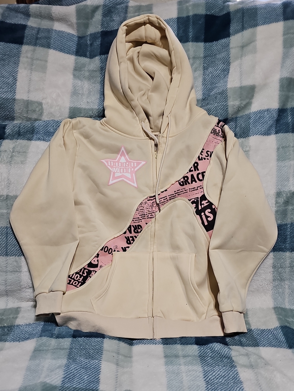 Cream Zip-Up Hoodie with Pink Accent for Kids